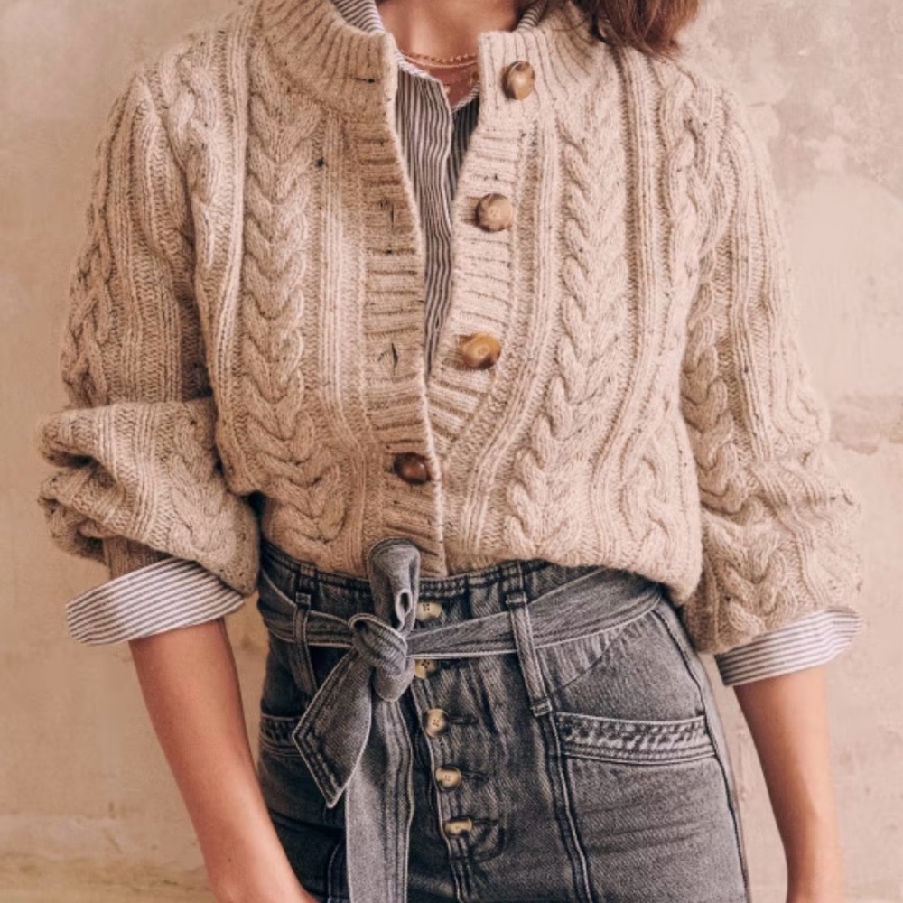 Sezane Andine Beige Cable Knit Cardigan - Mottled Ecru